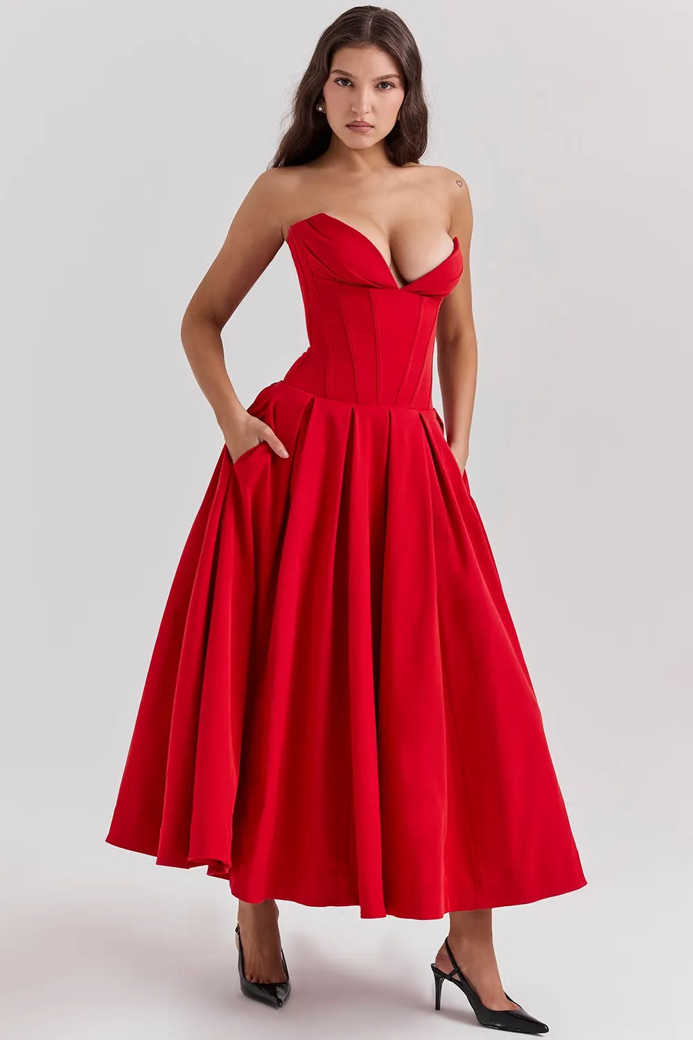 Robe Midi Bustier Noire « Lady » rouge